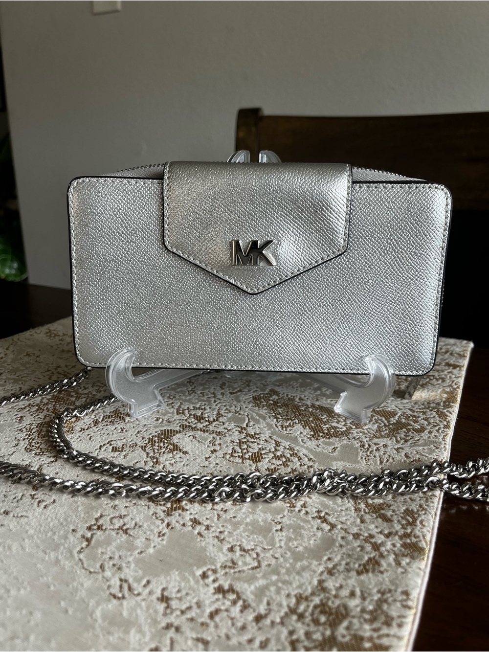 Michael Kors Silver Metallic Crossbody Wallet with Chain Strap